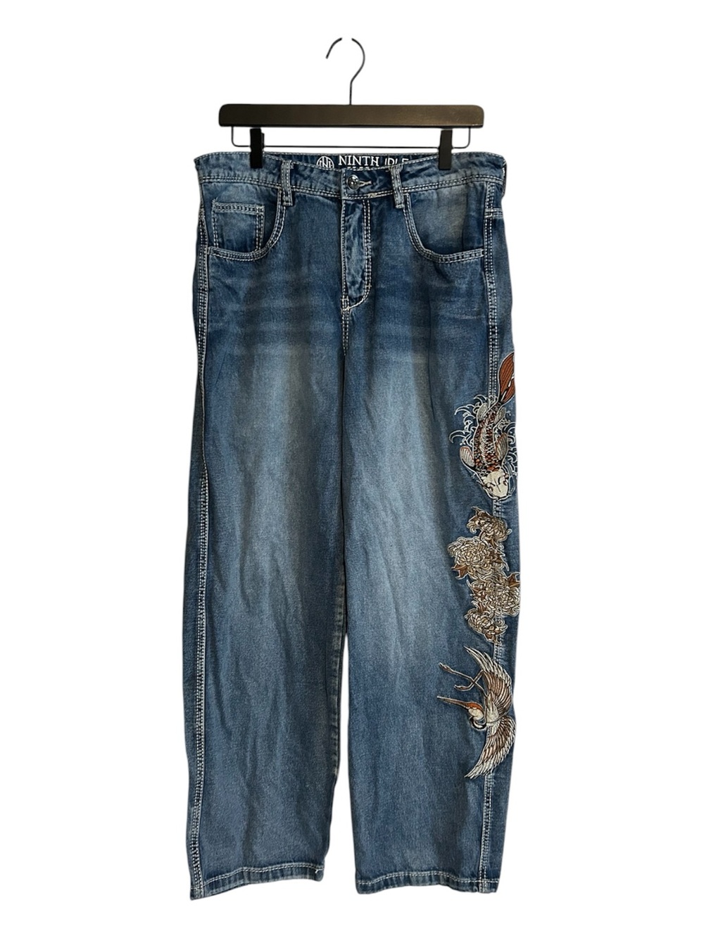 Ninth Hall Idle Wide Leg Embroidered Jeans Koi Fish Crane Floral Y2K Size 10